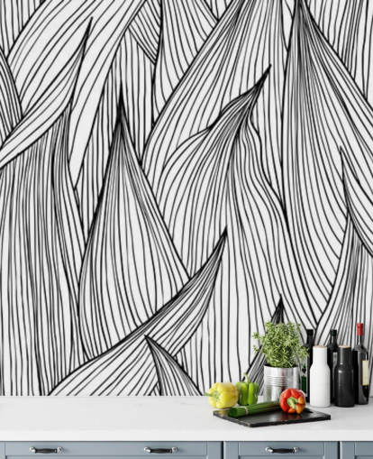 papier peint feuilles illustrées en noir et blanc