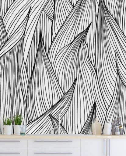 folhas ilustradas preto e branco papel de parede