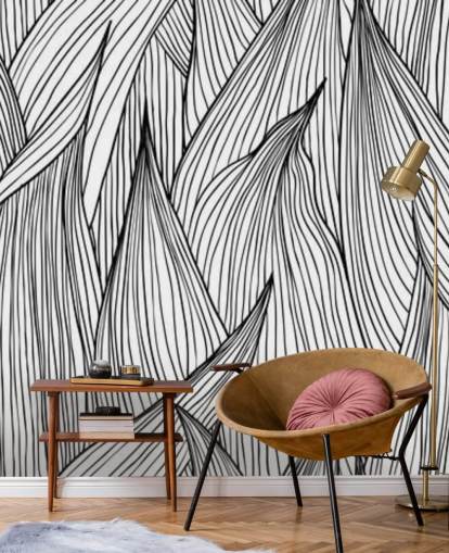 papel pintado de hojas ilustradas blanco y negro