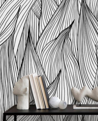 black and white illustrated leaves wallpaper