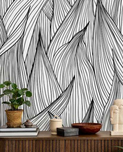 papier peint feuilles illustrées en noir et blanc