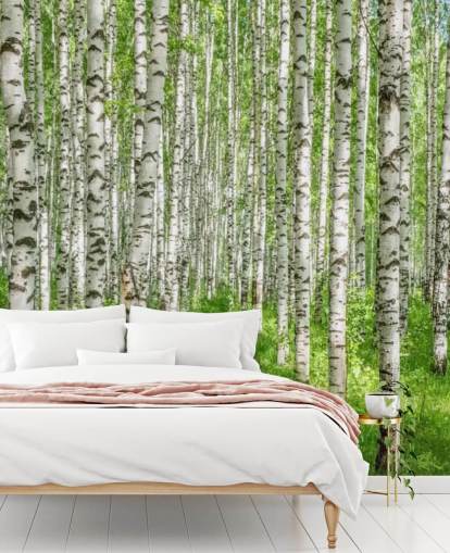 vit anpassningsbar björkträd tapetväggmålning kallad White Birch Trees för sovrum
