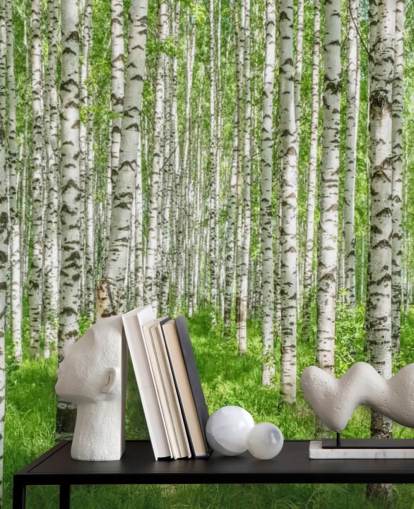 vit anpassningsbar björkträd tapetväggmålning kallad White Birch Trees för sovrum