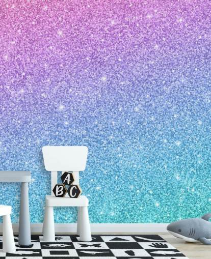 blauwe, roze en paarse glittermuurschildering genaamd Slanted Blue and Purple Glitter voor de kinderkamer
