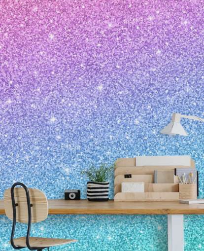 blauwe, roze en paarse glittermuurschildering genaamd Slanted Blue and Purple Glitter voor de kinderkamer