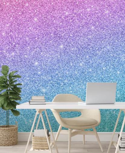 blå, lyserød og lilla glitter tapetmaleri kaldet Slanted Blue and Purple Glitter til børns soveværelse