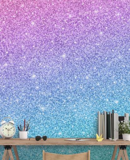 mural de papel pintado con purpurina azul, rosa y morado llamado Slanted Blue and Purple Glitter para dormitorio infantil