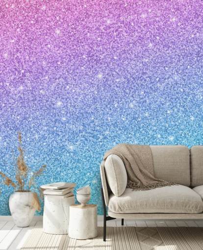 blå, lyserød og lilla glitter tapetmaleri kaldet Slanted Blue and Purple Glitter til børns soveværelse