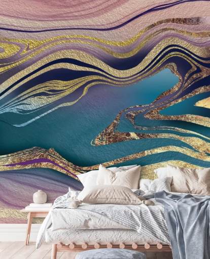Wandbild aus lila, blauem und goldenem Marmor namens Golden Pink Blue Marble Swirl von Lara Skinner für Schlafzimmer Wandbild aus lila, blauem und goldenem Marmor namens Golden Pink Blue Marble Swirl von Lara Skinner für Schlafzimmer