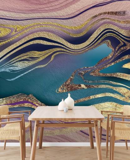 Lara Skinnerin violetti, sininen ja kultainen marmorinen taustakuvamaalaus nimeltä Golden Pink Blue Marble Swirl makuuhuoneisiin