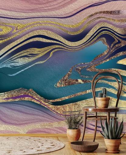papier peint mural en marbre violet, bleu et or appelé Golden Pink Blue Marble Swirl par Lara Skinner pour les chambres