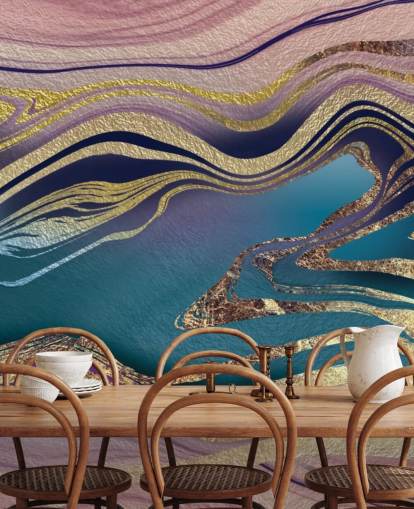 carta da parati murale in marmo viola, blu e oro chiamato Golden Pink Blue Marble Swirl di Lara Skinner per camere da letto