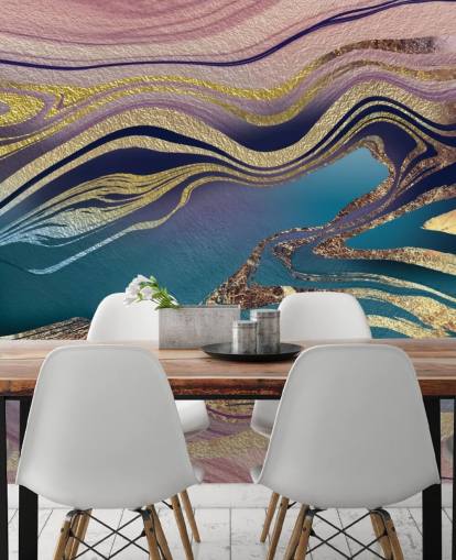 lilla, blå og guld marmor tapetmaleri kaldet Golden Pink Blue Marble Swirl af Lara Skinner til soveværelser