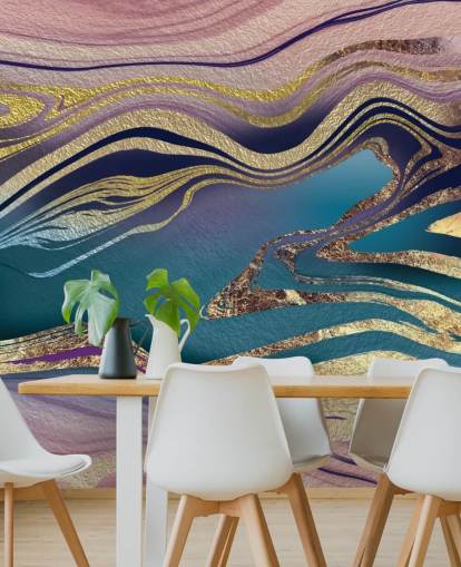 lila, blå och guld marmor tapetväggmålning kallad Golden Pink Blue Marble Swirl av Lara Skinner för sovrum