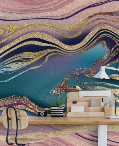 mural de papel pintado de mármol morado, azul y dorado llamado Golden Pink Blue Marble Swirl de Lara Skinner para dormitorios