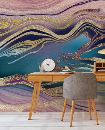 mural de papel de parede de mármore roxo, azul e dourado chamado Golden Pink Blue Marble Swirl de Lara Skinner para quartos