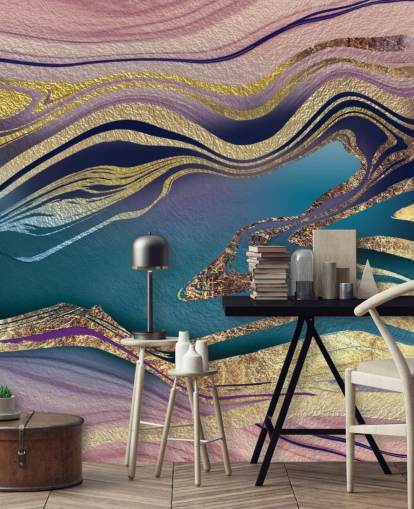 mural de papel pintado de mármol morado, azul y dorado llamado Golden Pink Blue Marble Swirl de Lara Skinner para dormitorios