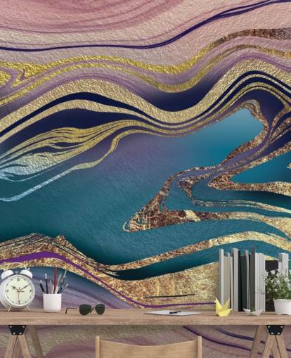 carta da parati murale in marmo viola, blu e oro chiamato Golden Pink Blue Marble Swirl di Lara Skinner per camere da letto