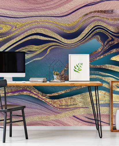 purple, blue and gold marble wallpaper mural called Golden Pink Blue Marble Swirl by Lara Skinner for bedrooms