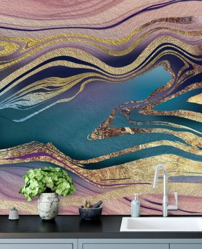 purple, blue and gold marble wallpaper mural called Golden Pink Blue Marble Swirl by Lara Skinner for bedrooms