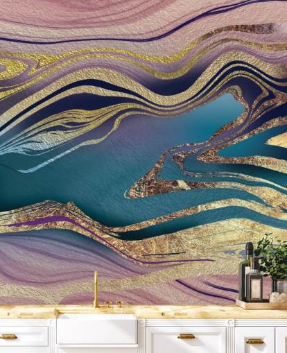 mural de papel pintado de mármol morado, azul y dorado llamado Golden Pink Blue Marble Swirl de Lara Skinner para dormitorios