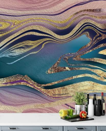 mural de papel pintado de mármol morado, azul y dorado llamado Golden Pink Blue Marble Swirl de Lara Skinner para dormitorios mural de papel pintado de mármol morado, azul y dorado llamado Golden Pink Blue Marble Swirl de Lara Skinner para dormitorios