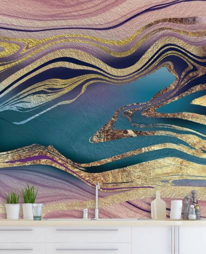 lila, blå och guld marmor tapetväggmålning kallad Golden Pink Blue Marble Swirl av Lara Skinner för sovrum