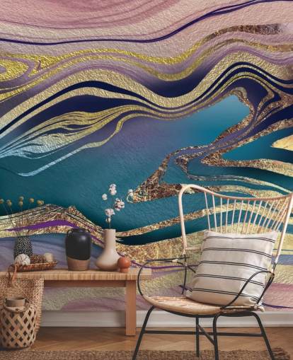 purple, blue and gold marble wallpaper mural called Golden Pink Blue Marble Swirl by Lara Skinner for bedrooms