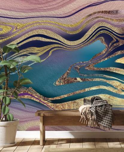 purple, blue and gold marble wallpaper mural called Golden Pink Blue Marble Swirl by Lara Skinner for bedrooms