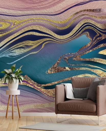 Lara Skinnerin violetti, sininen ja kultainen marmorinen taustakuvamaalaus nimeltä Golden Pink Blue Marble Swirl makuuhuoneisiin