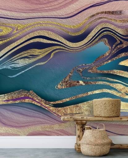 mural de papel de parede de mármore roxo, azul e dourado chamado Golden Pink Blue Marble Swirl de Lara Skinner para quartos