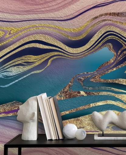 carta da parati murale in marmo viola, blu e oro chiamato Golden Pink Blue Marble Swirl di Lara Skinner per camere da letto