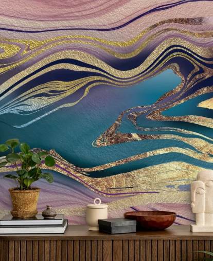 purple, blue and gold marble wallpaper mural called Golden Pink Blue Marble Swirl by Lara Skinner for bedrooms