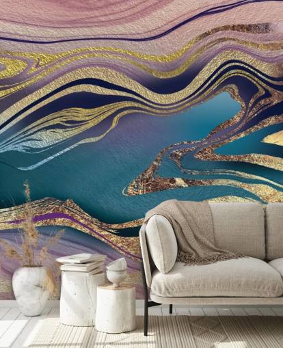 paarse, blauwe en gouden marmeren behangmuurschildering genaamd Golden Pink Blue Marble Swirl van Lara Skinner voor slaapkamers