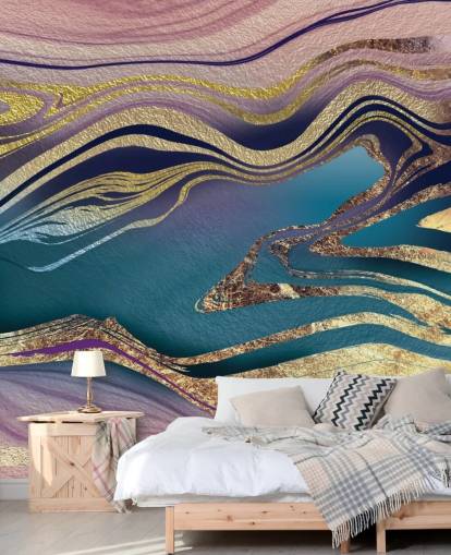 lilla, blå og guld marmor tapetmaleri kaldet Golden Pink Blue Marble Swirl af Lara Skinner til soveværelser