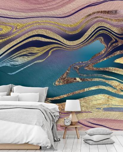 lilla, blå og guld marmor tapetmaleri kaldet Golden Pink Blue Marble Swirl af Lara Skinner til soveværelser