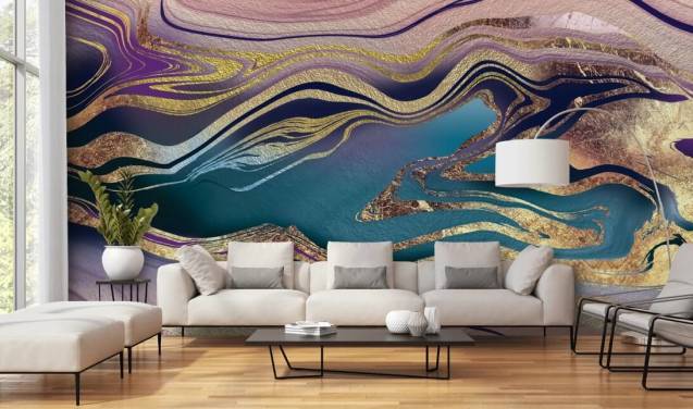 paarse, blauwe en gouden marmeren behangmuurschildering genaamd Golden Pink Blue Marble Swirl van Lara Skinner voor slaapkamers paarse, blauwe en gouden marmeren behangmuurschildering genaamd Golden Pink Blue Marble Swirl van Lara Skinner voor slaapkamers