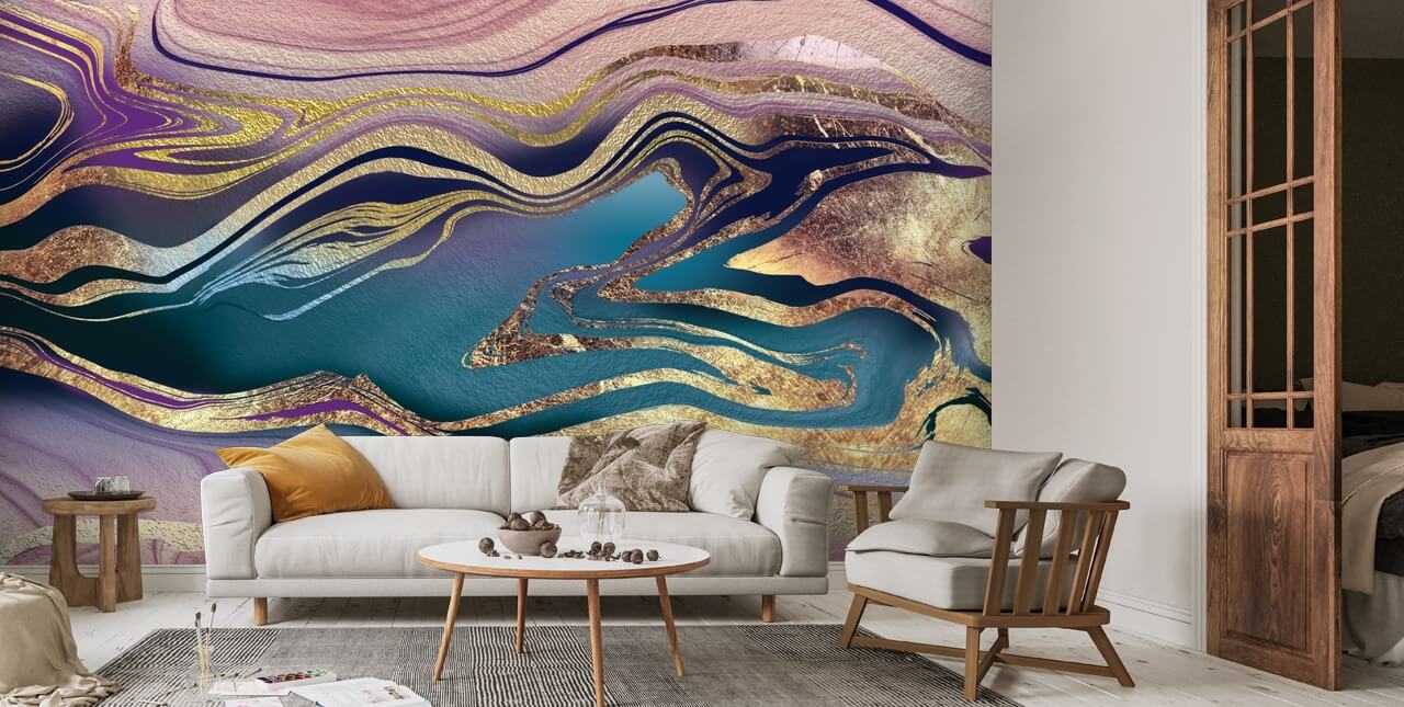 Golden Pink Blue Marble Swirl Wall Mural | Wallsauce AU