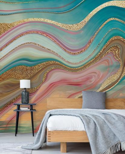 mural de papel pintado de mármol personalizado rosa y turquesa llamado Ombre Strata de Lara Skinner para dormitorios