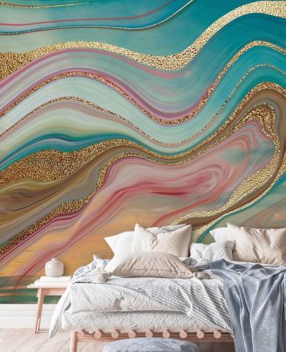 carta da parati murale personalizzata in marmo rosa e turchese chiamata Ombre Strata di Lara Skinner per camere da letto