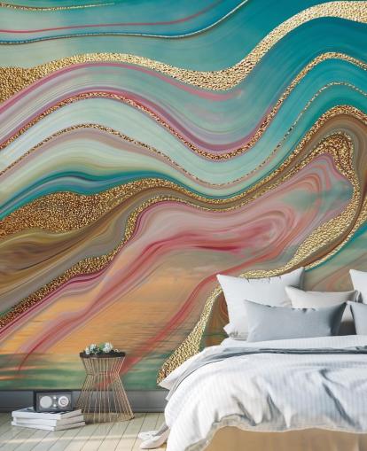 papier peint mural en marbre personnalisé rose et turquoise appelé Ombre Strata par Lara Skinner pour chambres