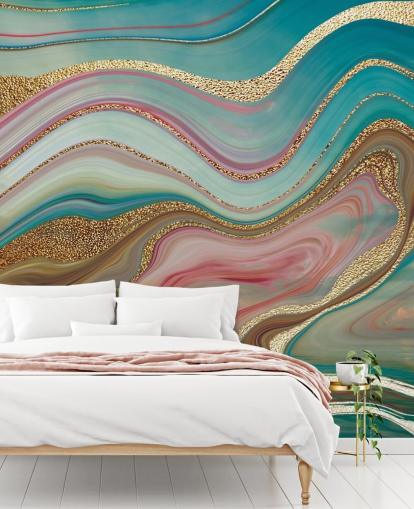 pink and turquoise custom marble wallpaper mural called Omber Strata by Lara Skinner for bedrooms