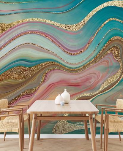 roze en turquoise marmeren behangmuurschildering op maat genaamd Ombre Strata van Lara Skinner voor slaapkamers