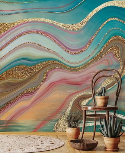 mural de papel pintado de mármol personalizado rosa y turquesa llamado Ombre Strata de Lara Skinner para dormitorios