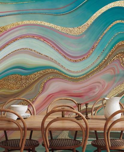 roze en turquoise marmeren behangmuurschildering op maat genaamd Ombre Strata van Lara Skinner voor slaapkamers