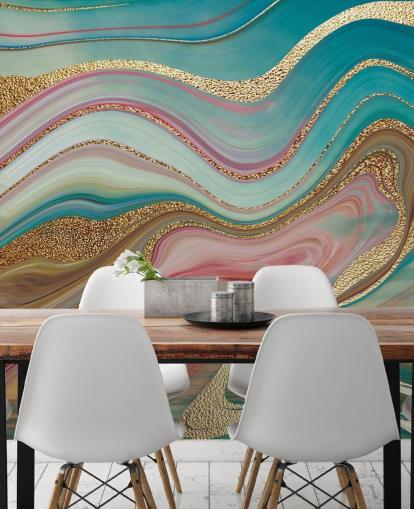 carta da parati murale personalizzata in marmo rosa e turchese chiamata Ombre Strata di Lara Skinner per camere da letto