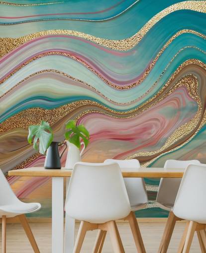 mural de papel de parede de mármore personalizado rosa e turquesa chamado Ombre Strata de Lara Skinner para quartos