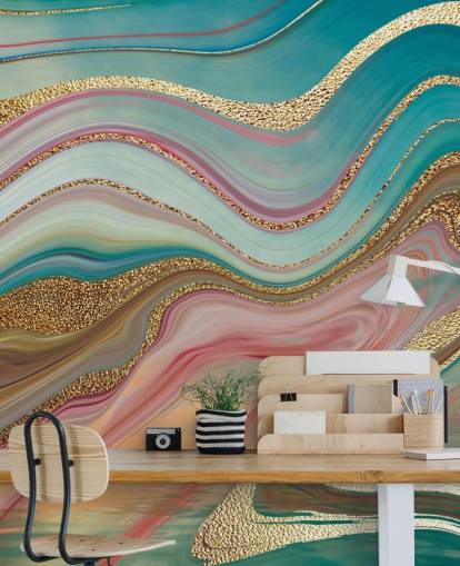 mural de papel de parede de mármore personalizado rosa e turquesa chamado Ombre Strata de Lara Skinner para quartos