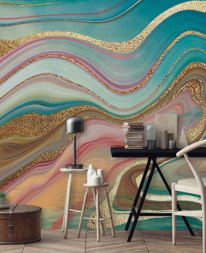 pink and turquoise custom marble wallpaper mural called Omber Strata by Lara Skinner for bedrooms