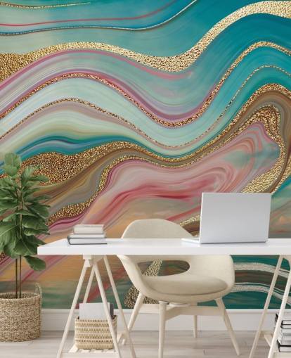 roze en turquoise marmeren behangmuurschildering op maat genaamd Ombre Strata van Lara Skinner voor slaapkamers